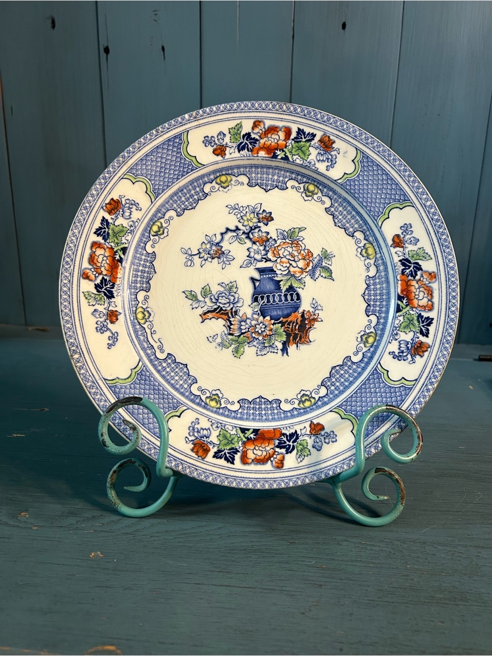 Blue and Orange Floral Porcelain Dinner Plate - Classic Transferware Vintage